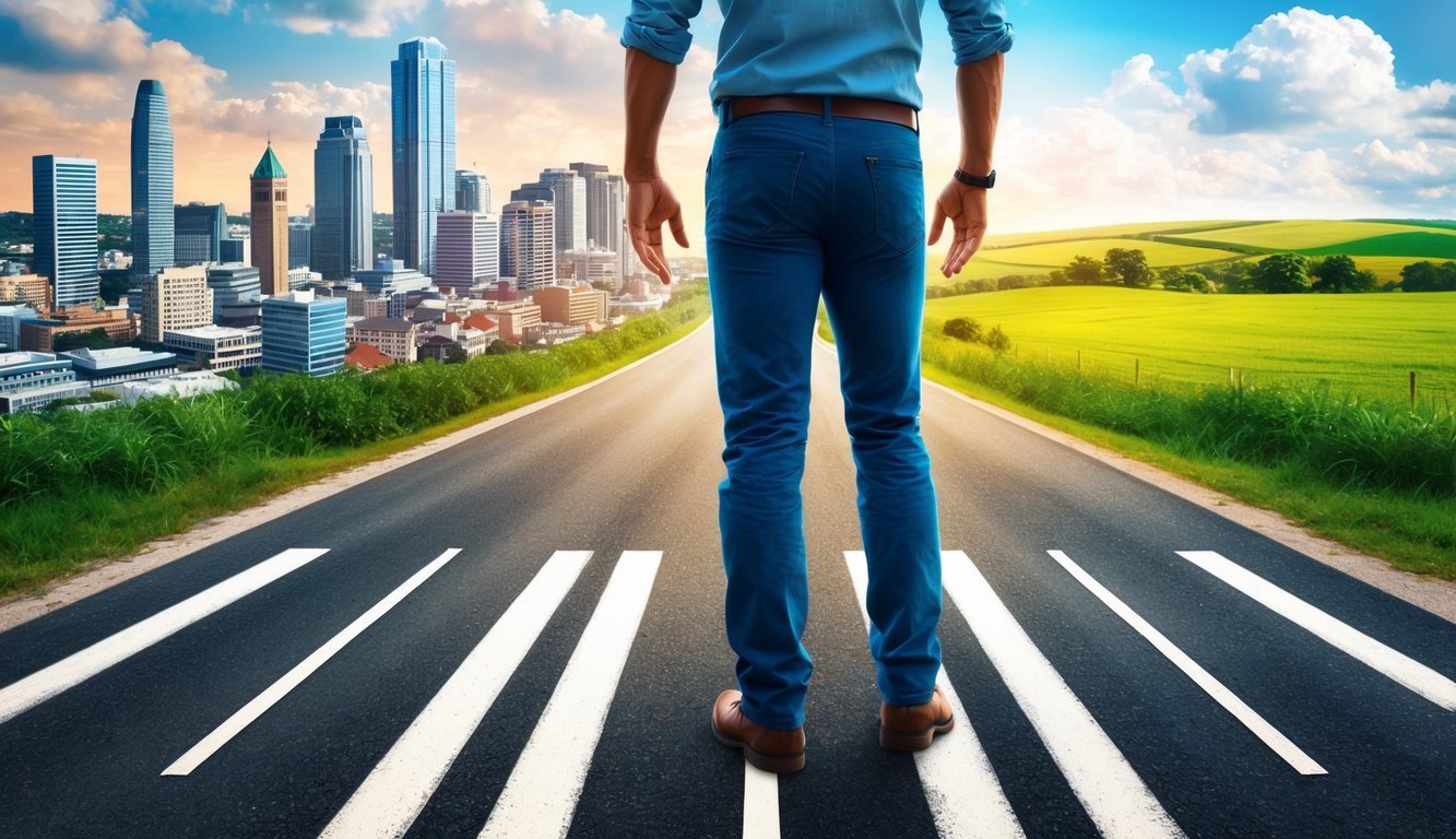 A person standing at a crossroads, with one path leading to a bustling city and the other to a serene countryside