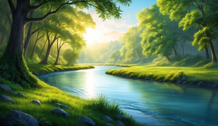A serene river flows through a lush green forest, sunlight shining through