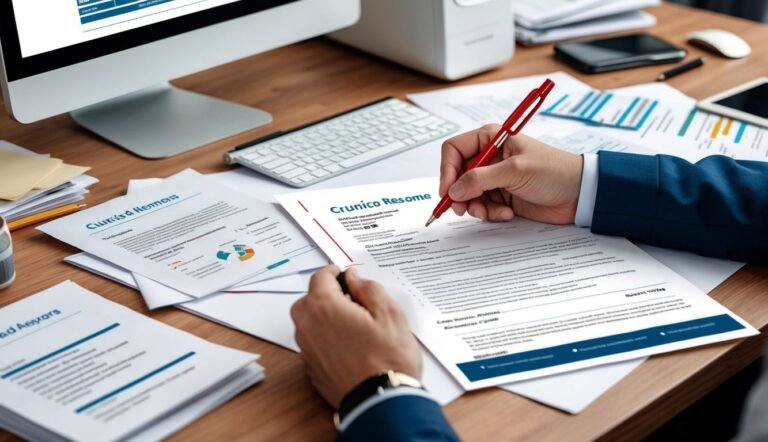 Person writing on a resume with a red pen at a desk with documents