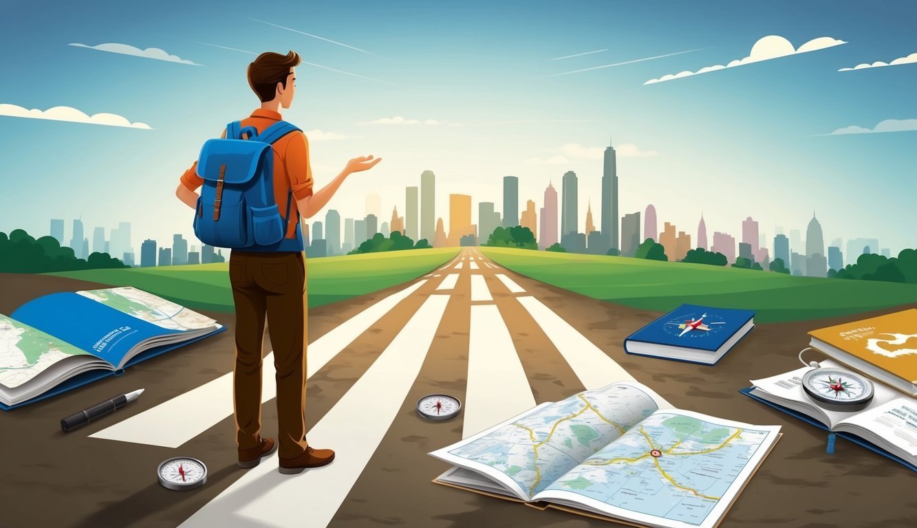 A person standing at a crossroads, pondering different paths.</p><p>Maps, compass, and guidebooks scattered around.</p><p>Skyline in the distance