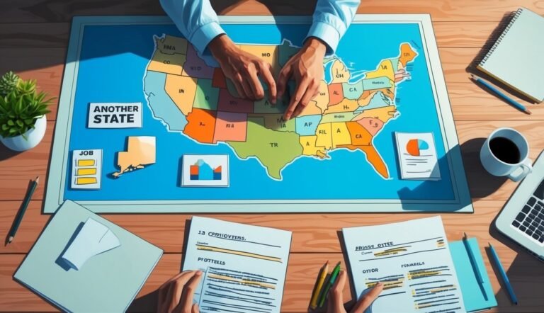 Hands pointing at a map of the USA, surrounded by documents and office supplies