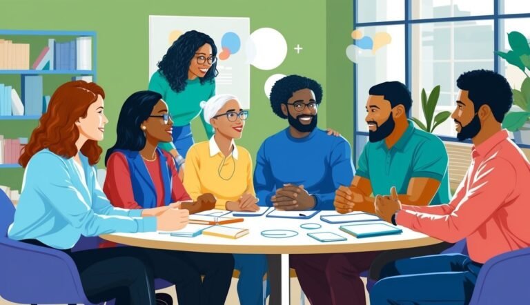 Diverse group of people sitting around a table in a meeting