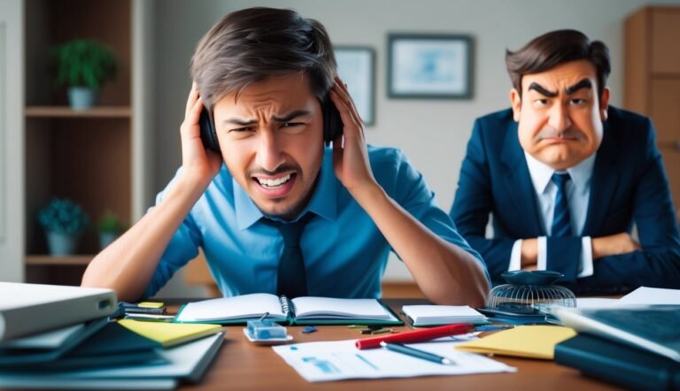 Man with headphones stressed at desk, angry boss in background
