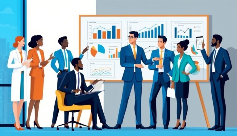 Business team in suits analyzing charts on a whiteboard