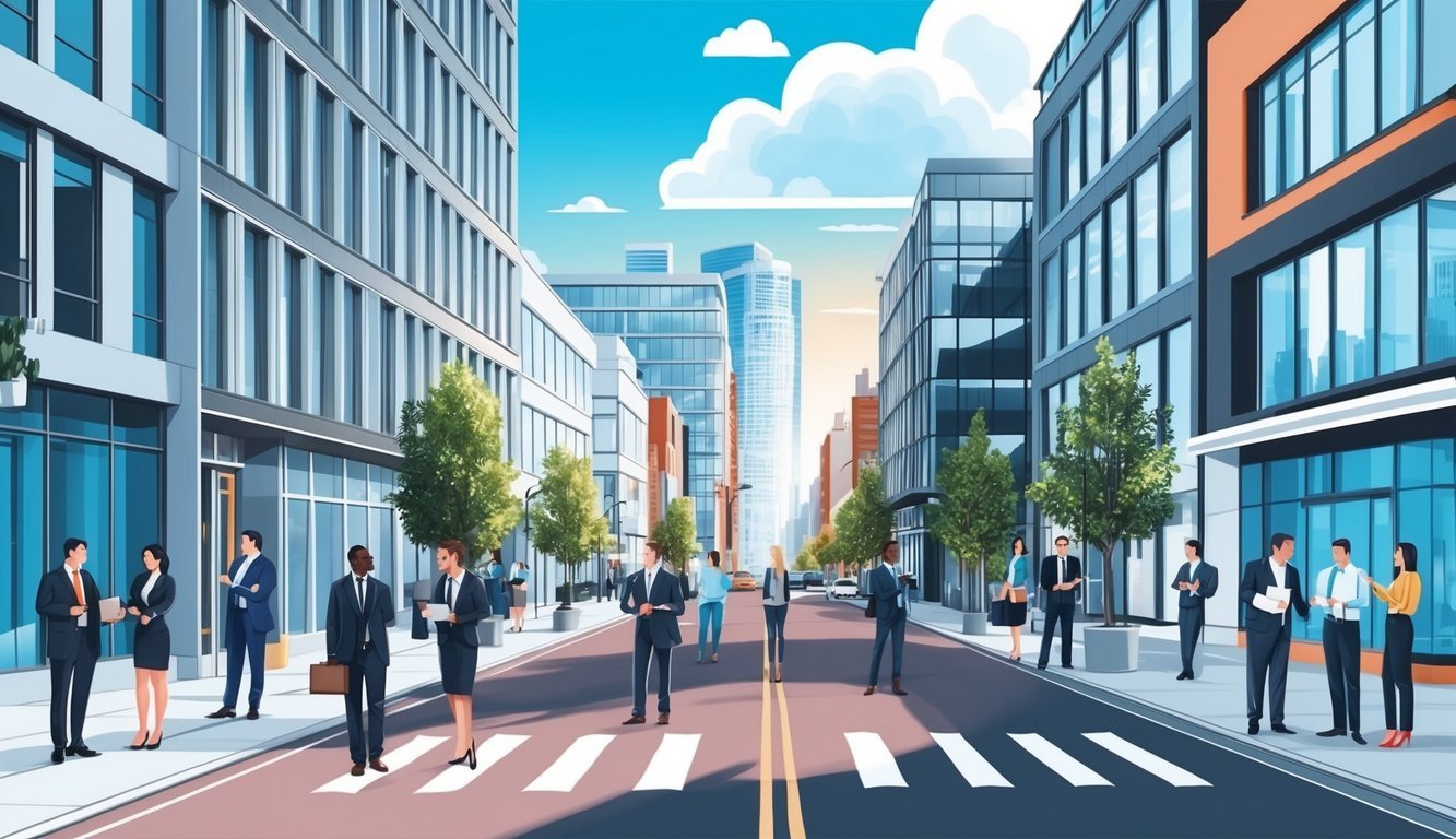 A bustling city street with modern office buildings and a mix of professionals and entrepreneurs networking and collaborating