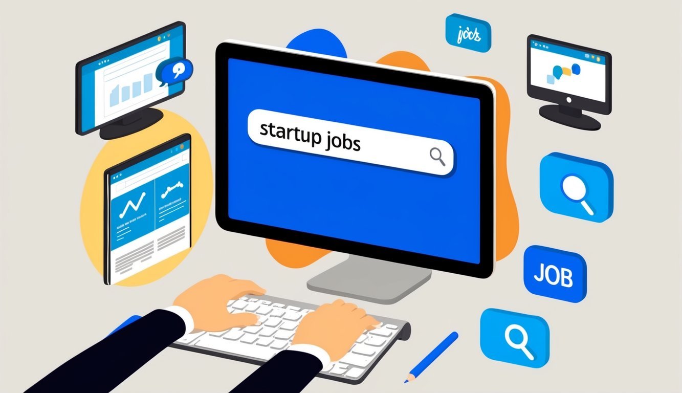 A computer screen displaying a search bar with the words "startup jobs" typed in, surrounded by various icons representing different job search websites