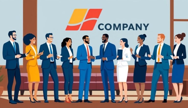 Group of business people standing in front of a company logo