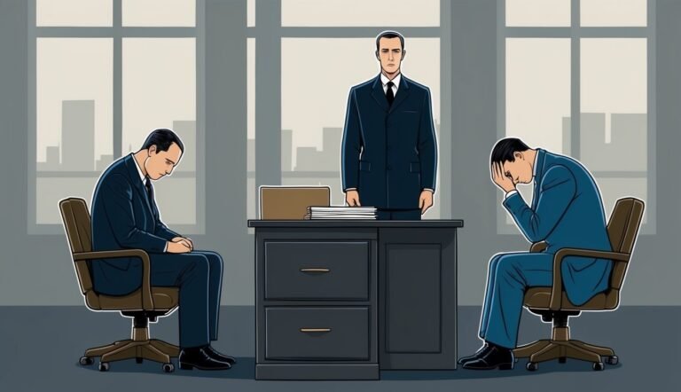 Three businessmen in suits, two looking down, one standing behind a desk