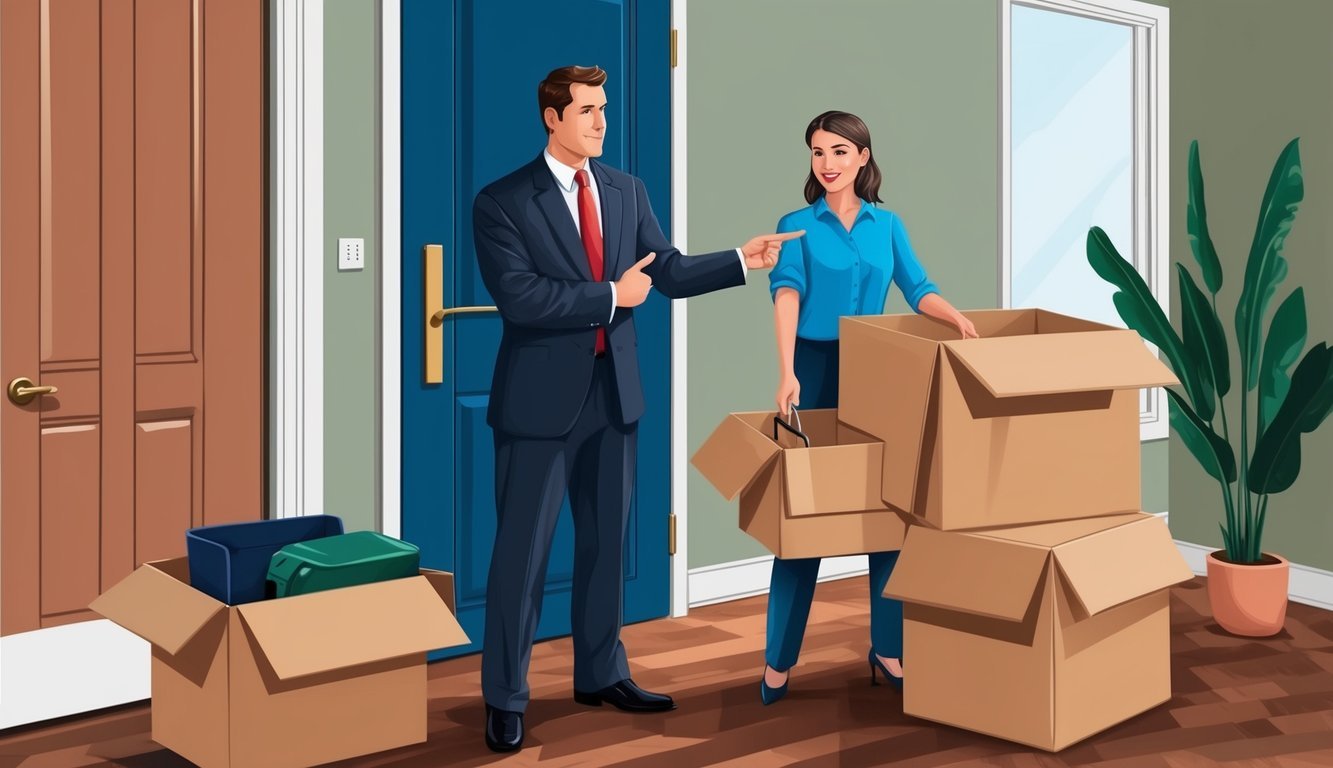 A manager pointing to a door while an employee packs up their desk