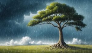 A large tree in a field during a heavy rainstorm
