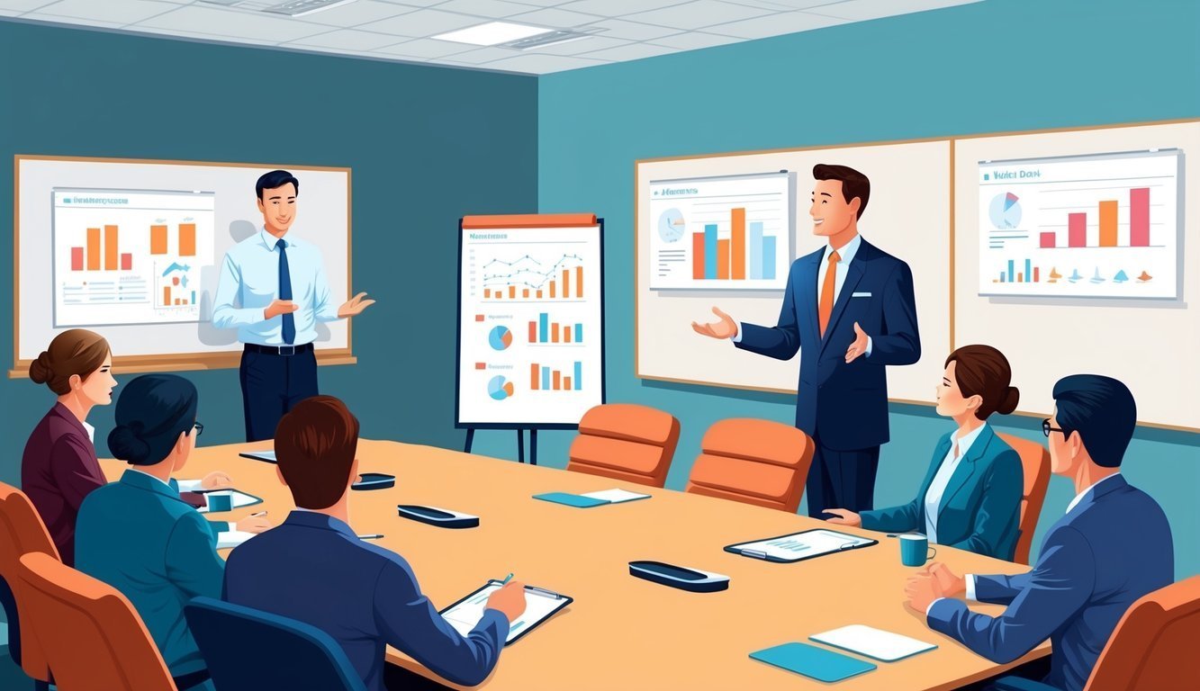 Business meeting with charts and graphs, two presenters, and a team