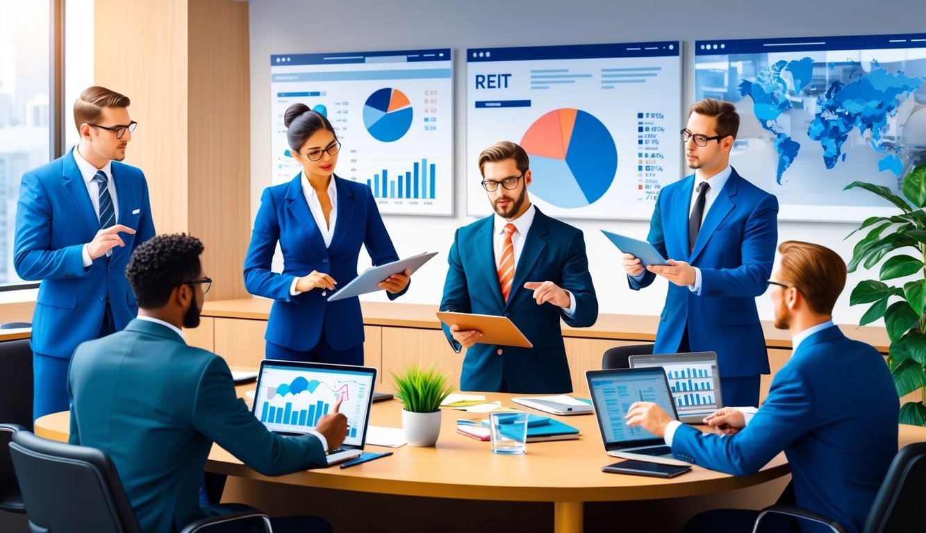 A bustling office with professionals in business attire discussing real estate investment trusts (REITs) and analyzing market data