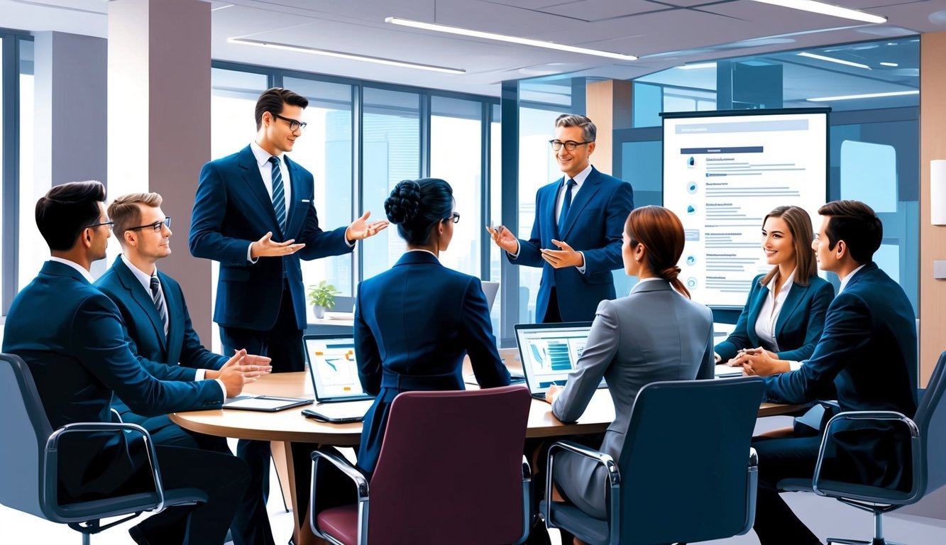 A group of professionals in business attire engaging in interviews and presentations at a corporate office