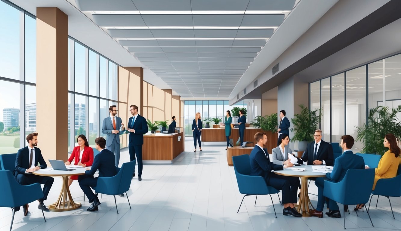 A bustling office lobby with professionals networking and discussing real estate investment trust (REIT) career opportunities