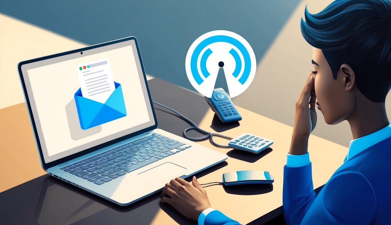 Man at desk with laptop, email icon, and phone, looking stressed