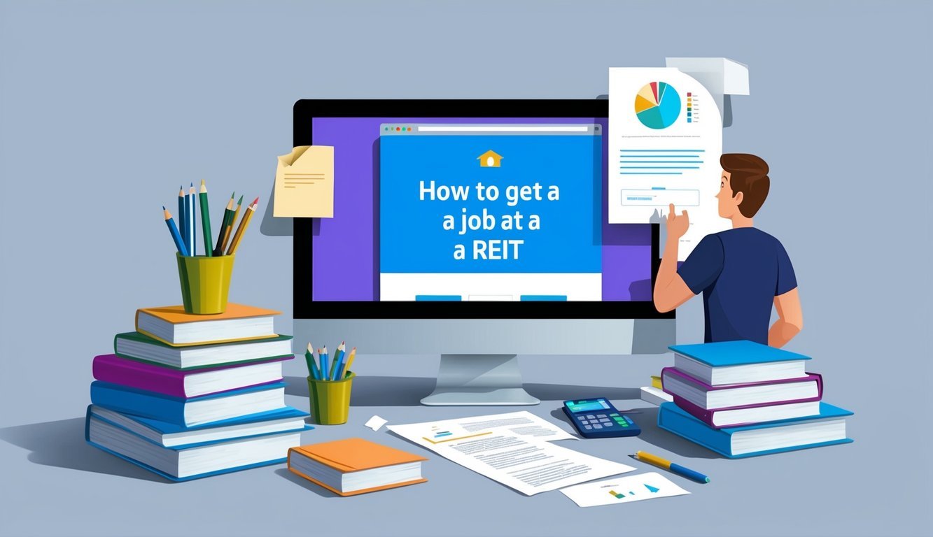 A person researching on a computer, surrounded by books and papers, with a "How to get a job at a REIT" webpage open on the screen