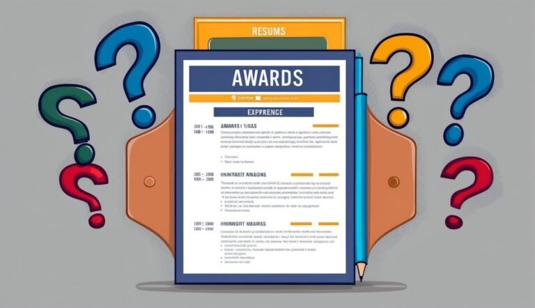 Resume with awards and experience sections, surrounded by question marks