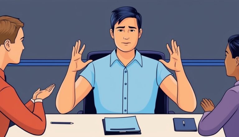 Three people in a meeting, one gesturing with hands, documents on the table