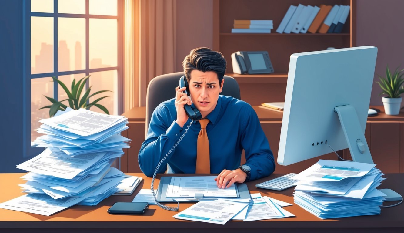 A person sitting at a desk, surrounded by paperwork and a computer, making a phone call while looking stressed and overwhelmed