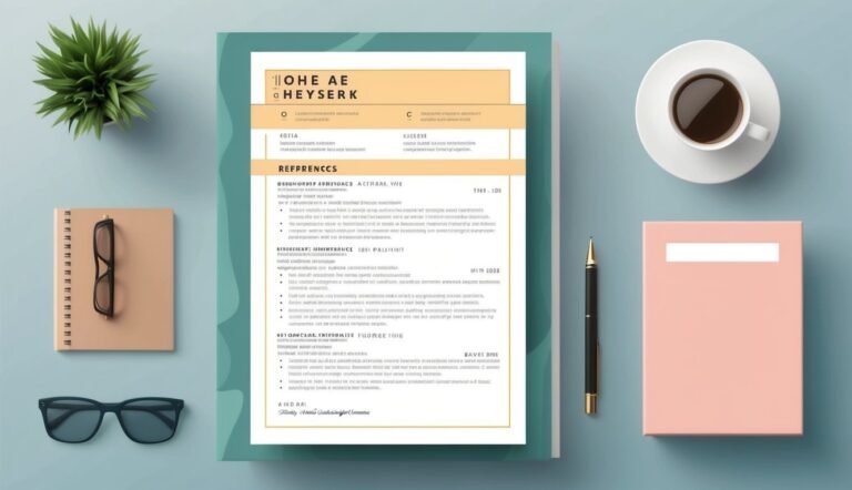 Resume on a desk with coffee, glasses, notebook, and a plant