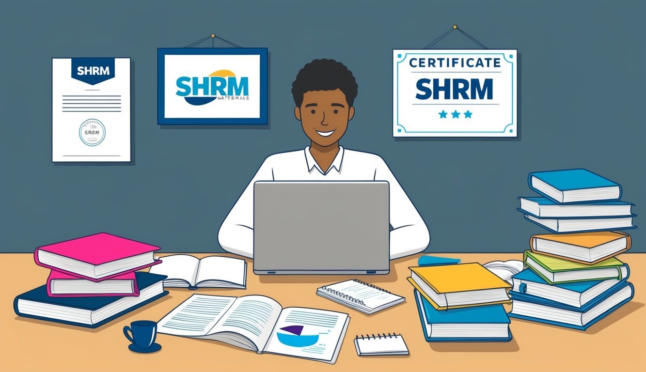 A person studying SHRM materials with a laptop, books, and notes spread out on a desk.</p><p>A certificate and SHRM logo are displayed on the wall