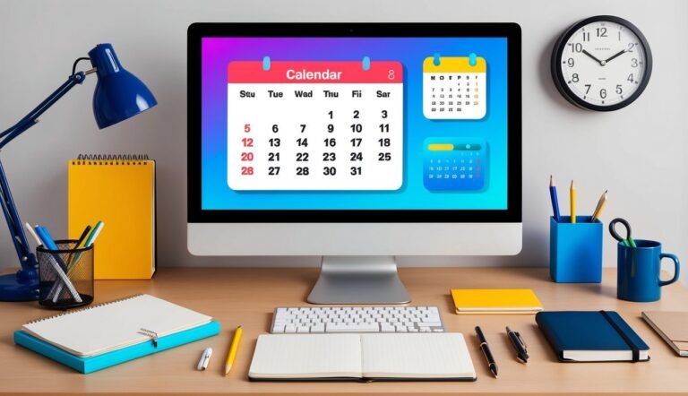 Desktop with computer displaying calendar, desk supplies, and a clock
