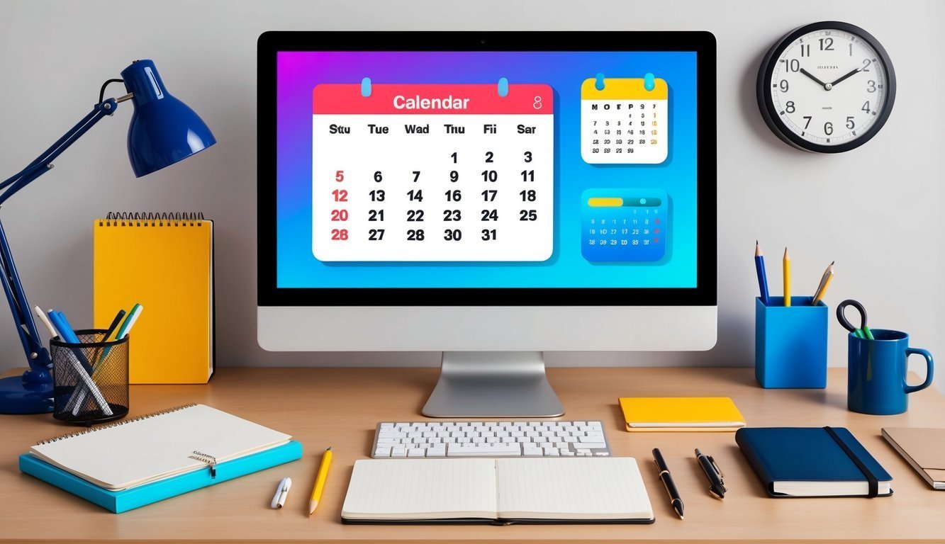Desktop with computer displaying calendar, desk supplies, and a clock