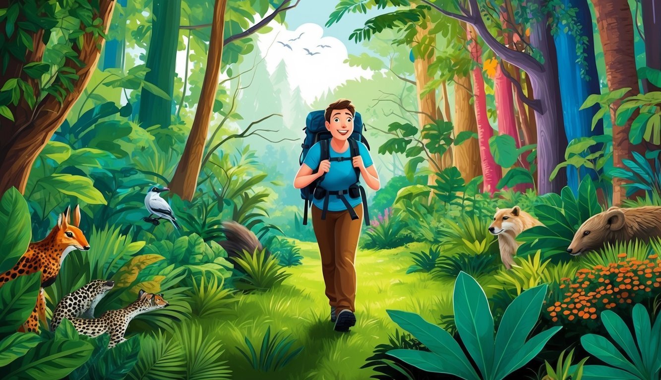 A person hiking in a lush forest, surrounded by vibrant colors and diverse wildlife, with a look of wonder and excitement on their face