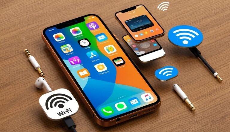 Multiple smartphones with Wi-Fi icons and accessories on a wooden surface