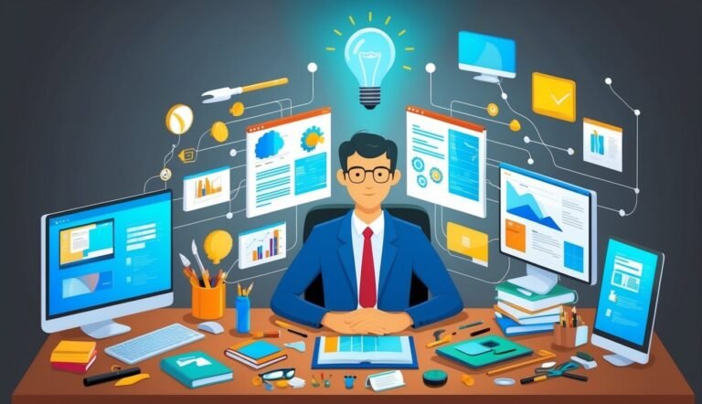 Man at desk with computers, data, and a glowing lightbulb