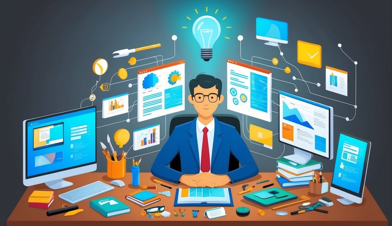Man at desk with computers, data, and a glowing lightbulb