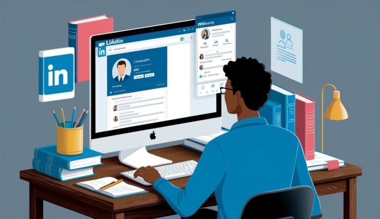 Person using LinkedIn on a computer at a desk with books and a lamp