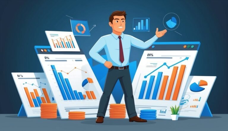 Businessman presenting financial data charts and graphs, with stacks of coins