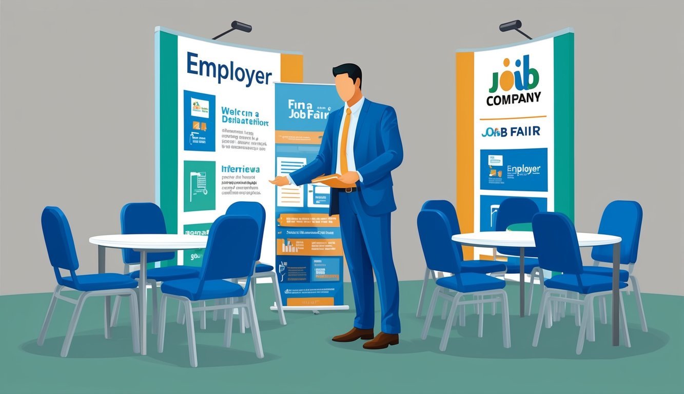 An employer setting up a booth at a job fair, with promotional materials and company branding on display.</p><p>Tables and chairs are arranged for potential interviews