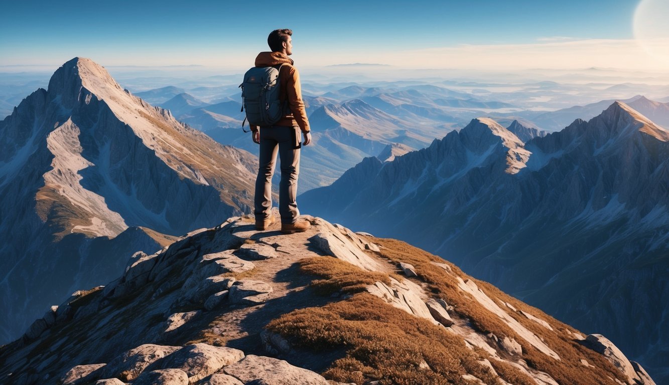 A figure standing tall on a mountain peak, gazing out at a vast, awe-inspiring landscape