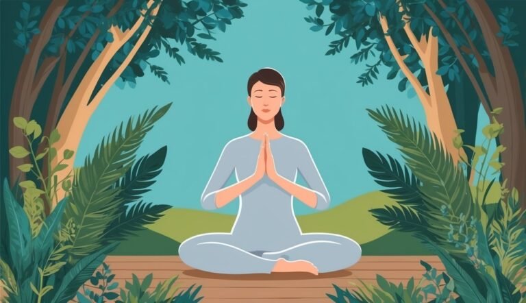 Woman meditating in a forest, hands in prayer position, eyes closed