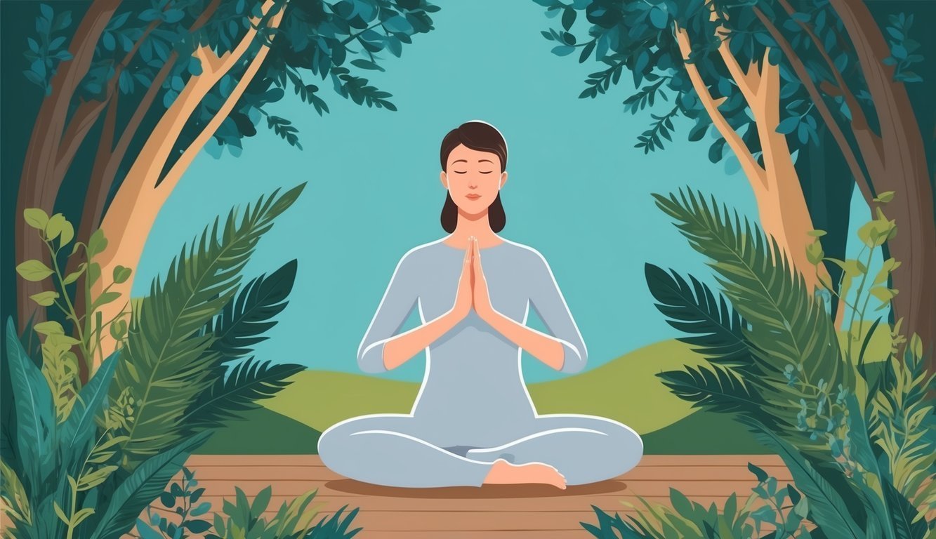 Woman meditating in a forest, hands in prayer position, eyes closed