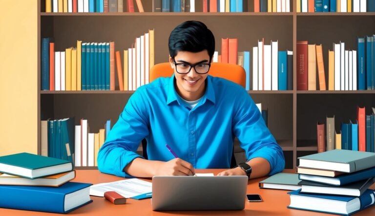 Smiling man with glasses writing at desk with books and laptop