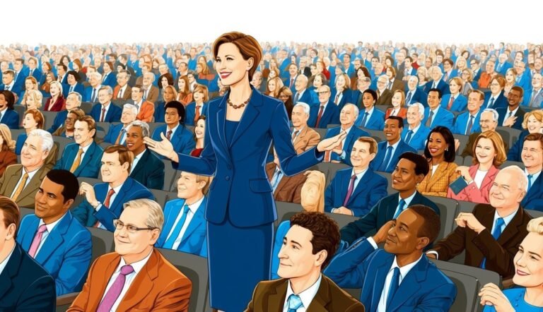 Woman in blue suit speaking to a large audience in an auditorium