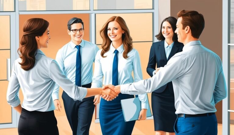 Business people shaking hands in an office setting, smiling and looking at each other