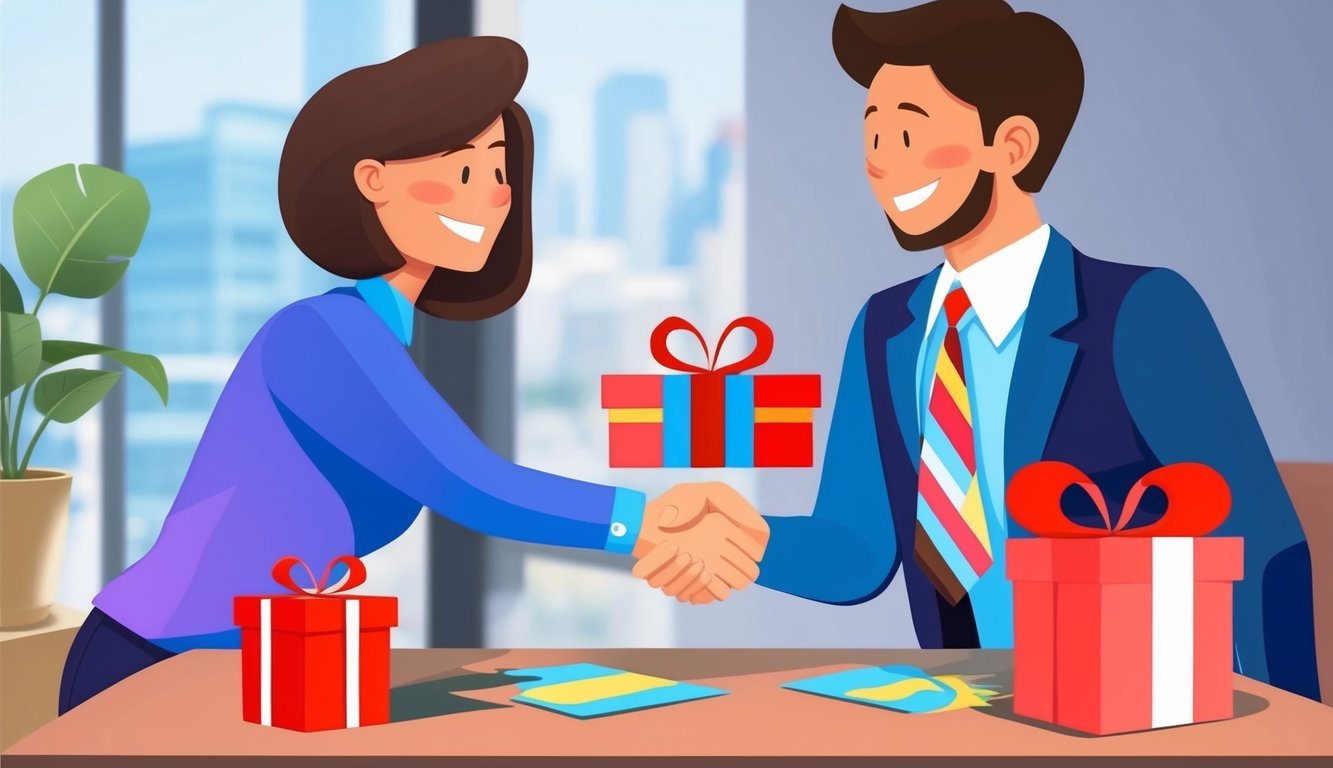 A person shaking hands with their employer, smiling, and exchanging a farewell gift