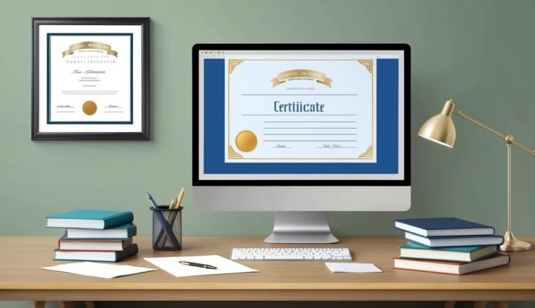Computer screen displaying a certificate, desk with books, lamp, and framed certificate