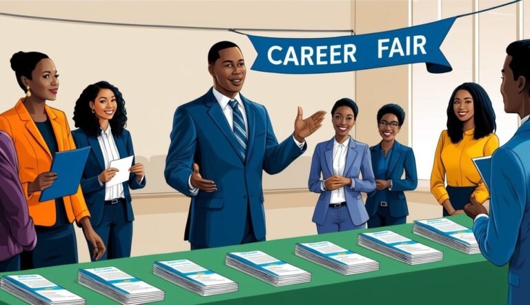 Career fair with people in suits, brochures, and a "Career Fair" banner