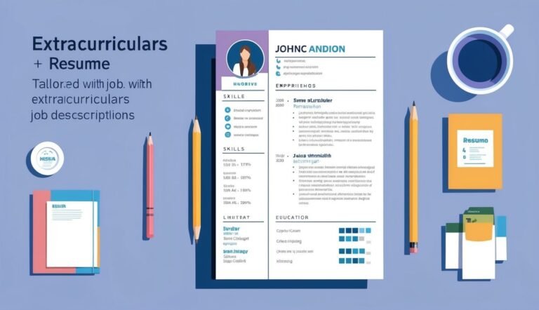 Resume design with pencils, coffee cup, and notebook on a blue background