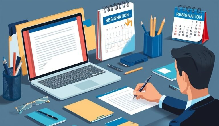Man writing a resignation letter, with calendars and laptop on desk