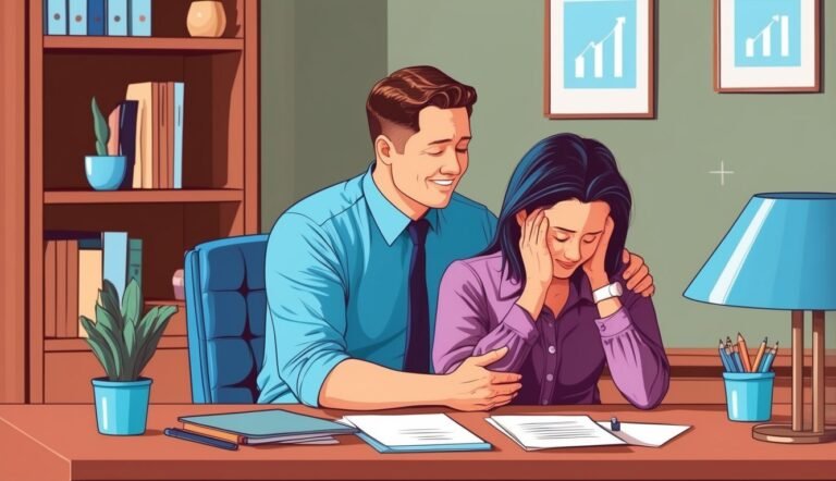 Man comforts a crying woman at a desk in an office setting