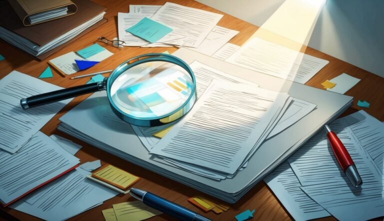 Magnifying glass over documents on a desk, with pens and sticky notes