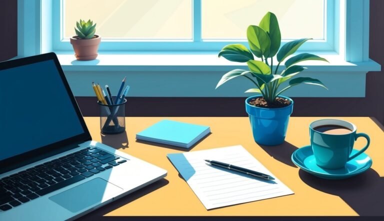 Laptop, coffee, and plants on a desk by a window