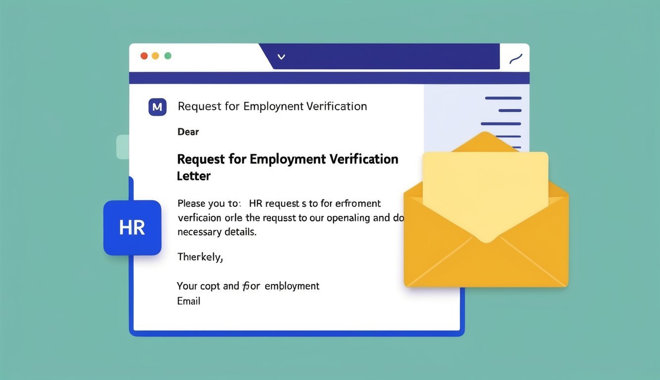 An email inbox with a subject line "Request for Employment Verification Letter" and an open email draft addressed to HR with a polite request and necessary details