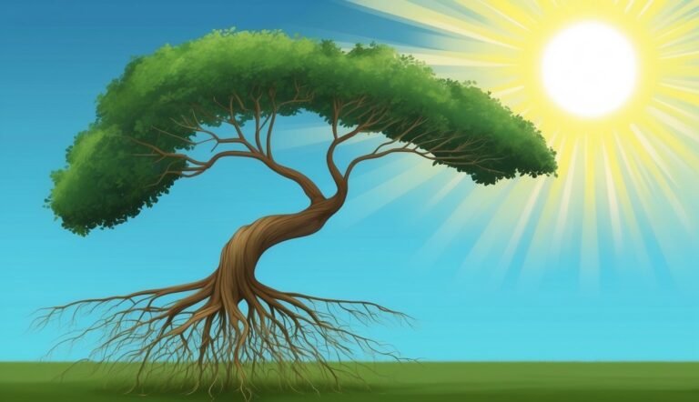 Cartoon tree with exposed roots, sun, and blue sky